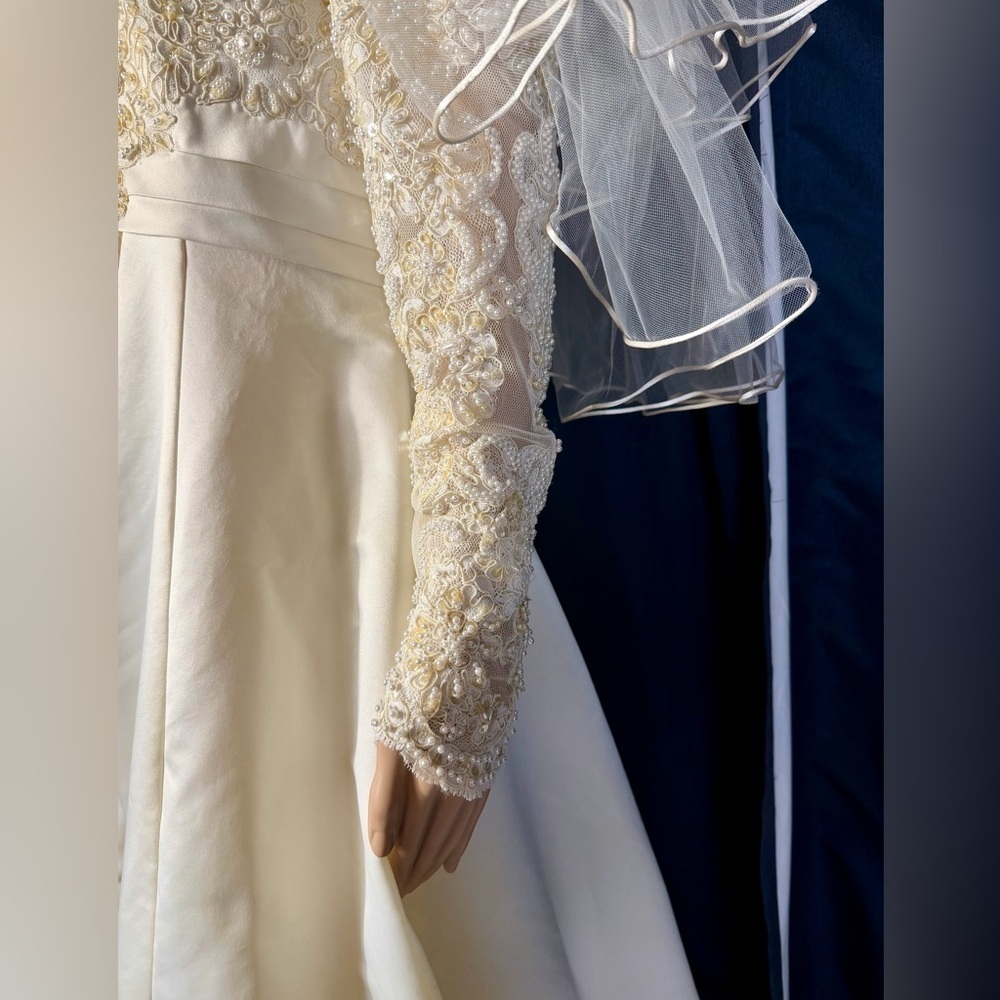 Ivory Off-Shoulder Wedding Dress with Gold Embroidery + Veil & Bouquet - Picture 5 of 16